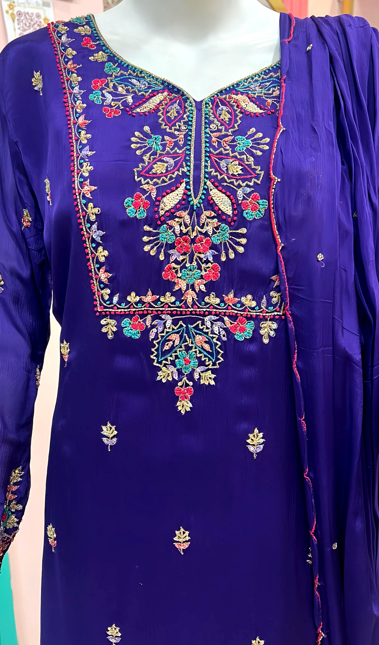 SUHAGAN ROYAL PURPLE SUIT WITH HAND EMB . HOA0114