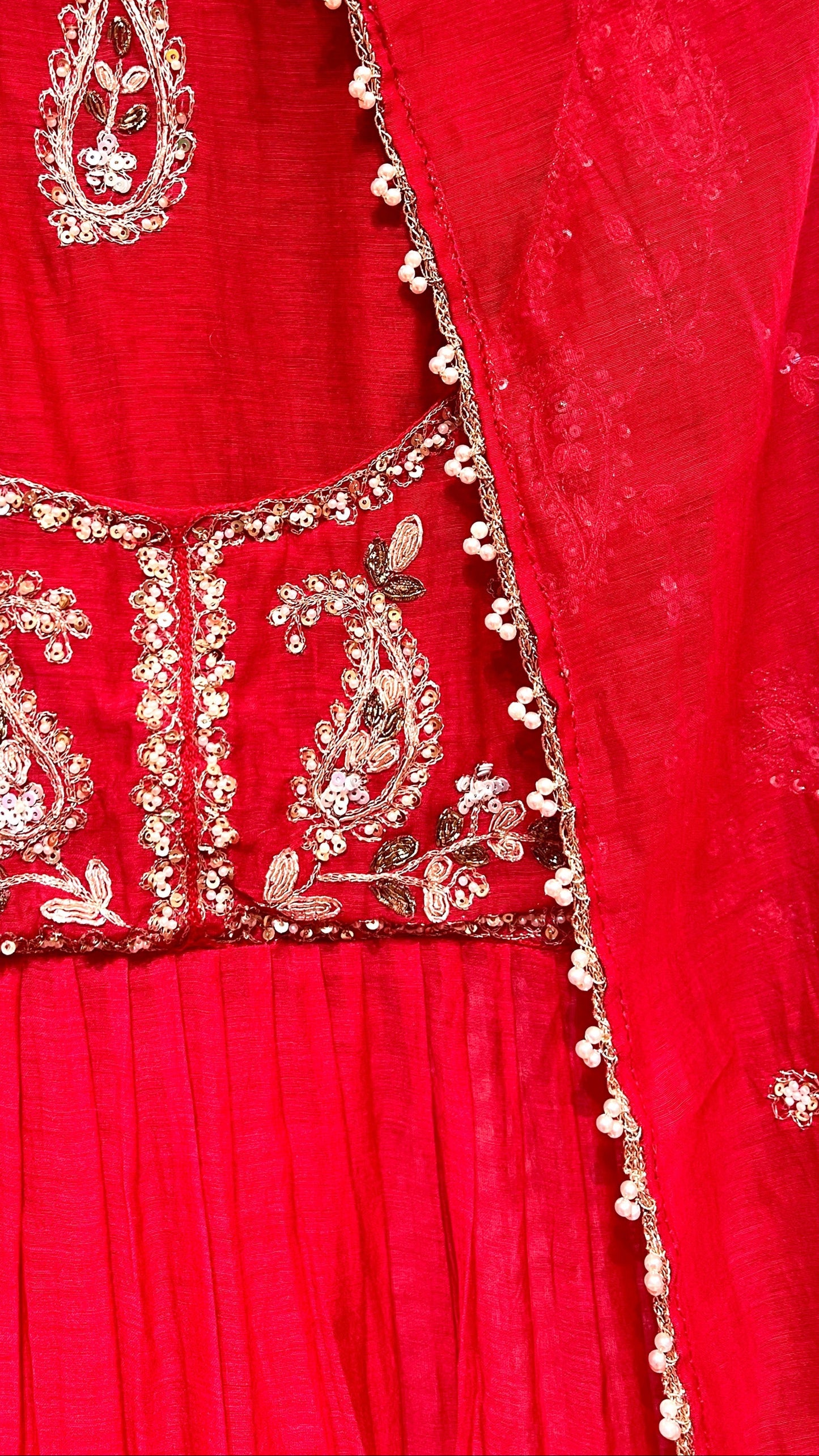 PRIYANSHI CHERRY RED HAND EMB. PEARL SUIT HOA0111