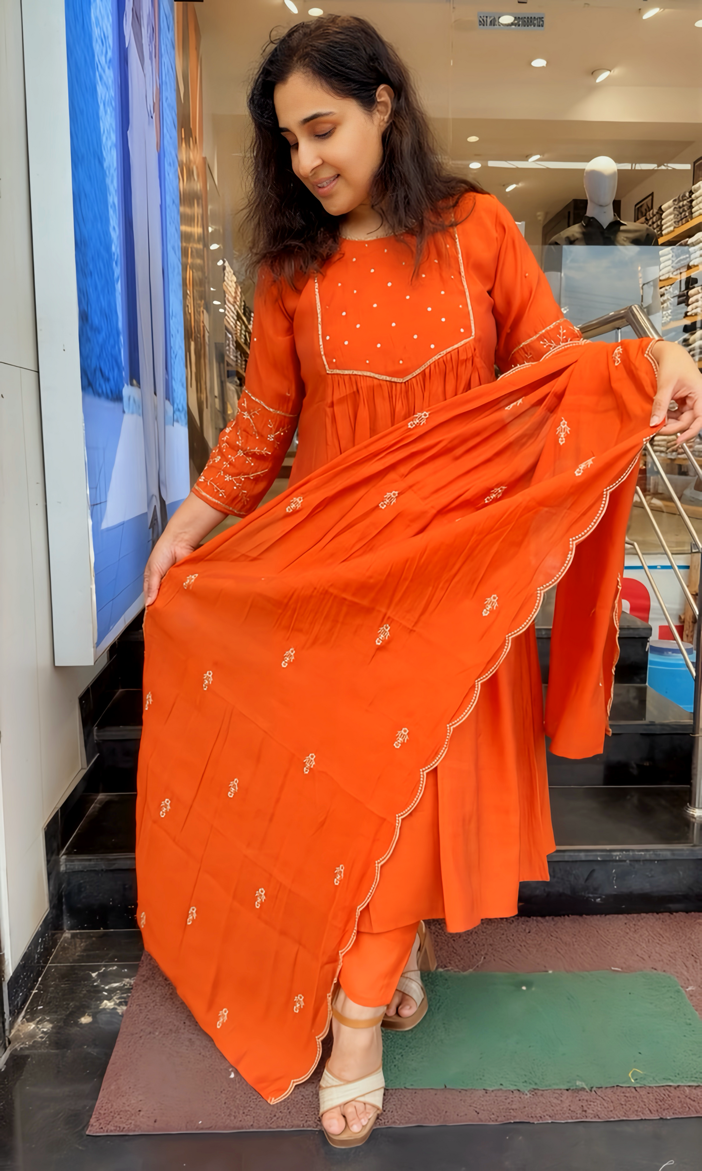 Mul Chanderi A-Line Suit – Hand Embroidered Sleeves HOA0222