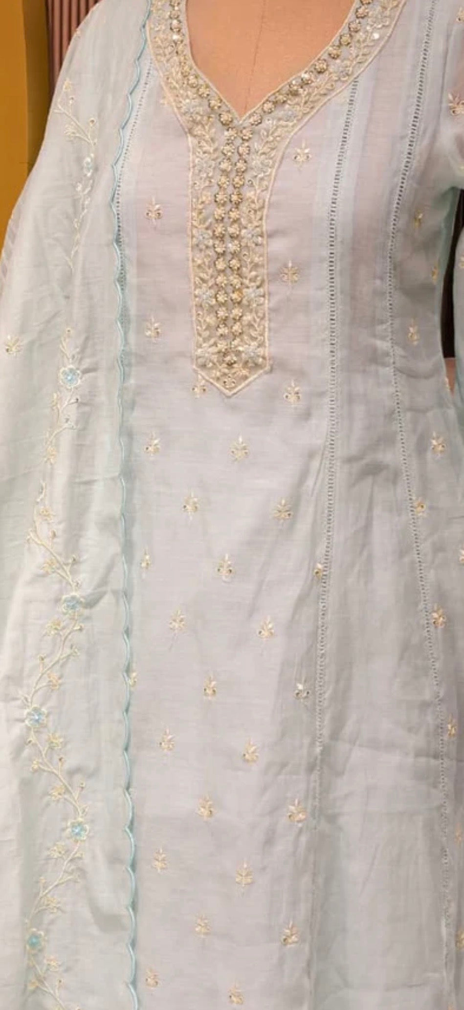 Mul  Pakistani Suit – Sky Blue & Off White | Hand Embroidery & Laces HOA0224