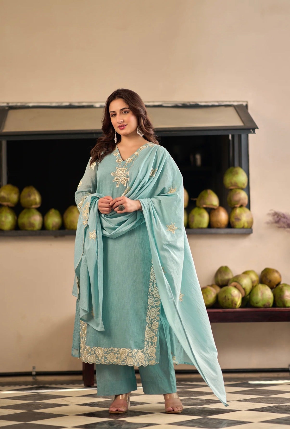 Soft Crinkle Suit – Ice Blue & Butter YellowHOA0228