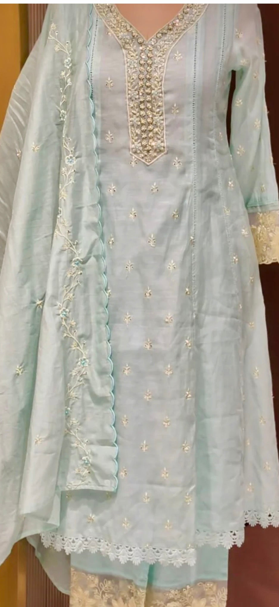 Mul  Pakistani Suit – Sky Blue & Off White | Hand Embroidery & Laces HOA0224