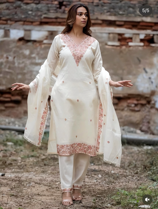White Kashmiri Embroidery Suit – Organic Jute Cotton HOA0226