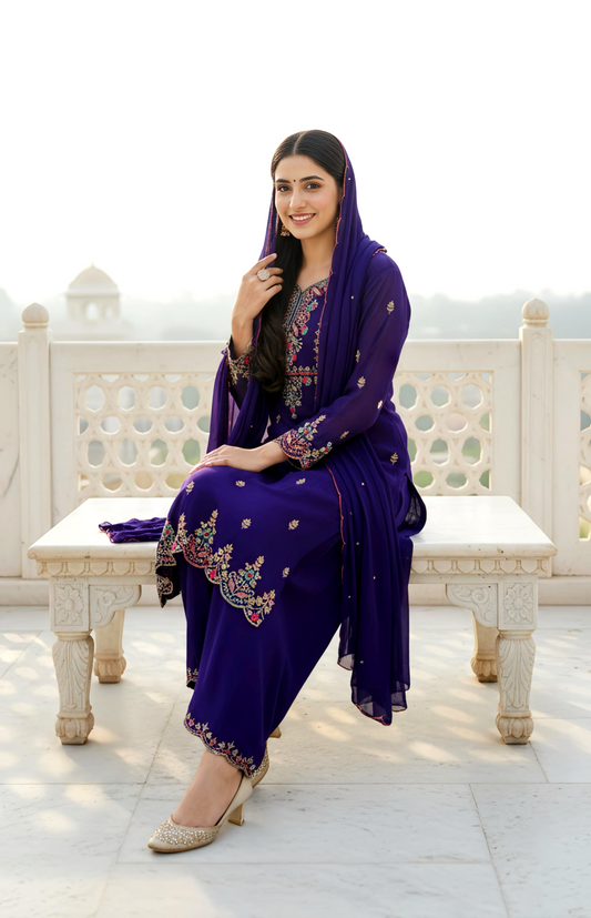 SUHAGAN ROYAL PURPLE SUIT WITH HAND EMB . HOA0114