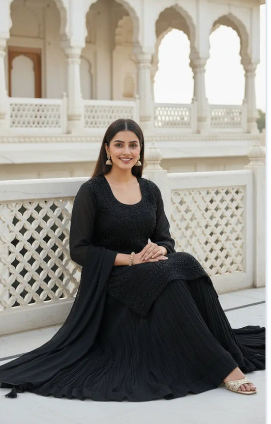 BLACK SKIRT SILK PLEATED SKIRT SET HOA0187