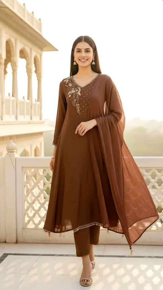 MOCHA Hand Embroidered A LINE  Suit Set - HOA0195