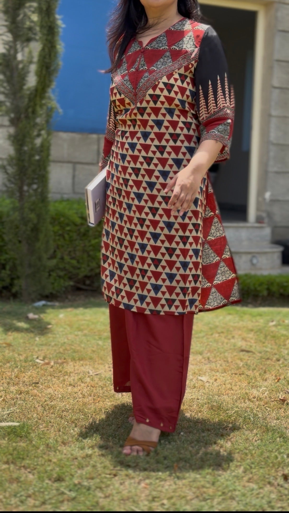 Crepe Kurta Pants – Ajrakh Print & Coin Tassels HOA223