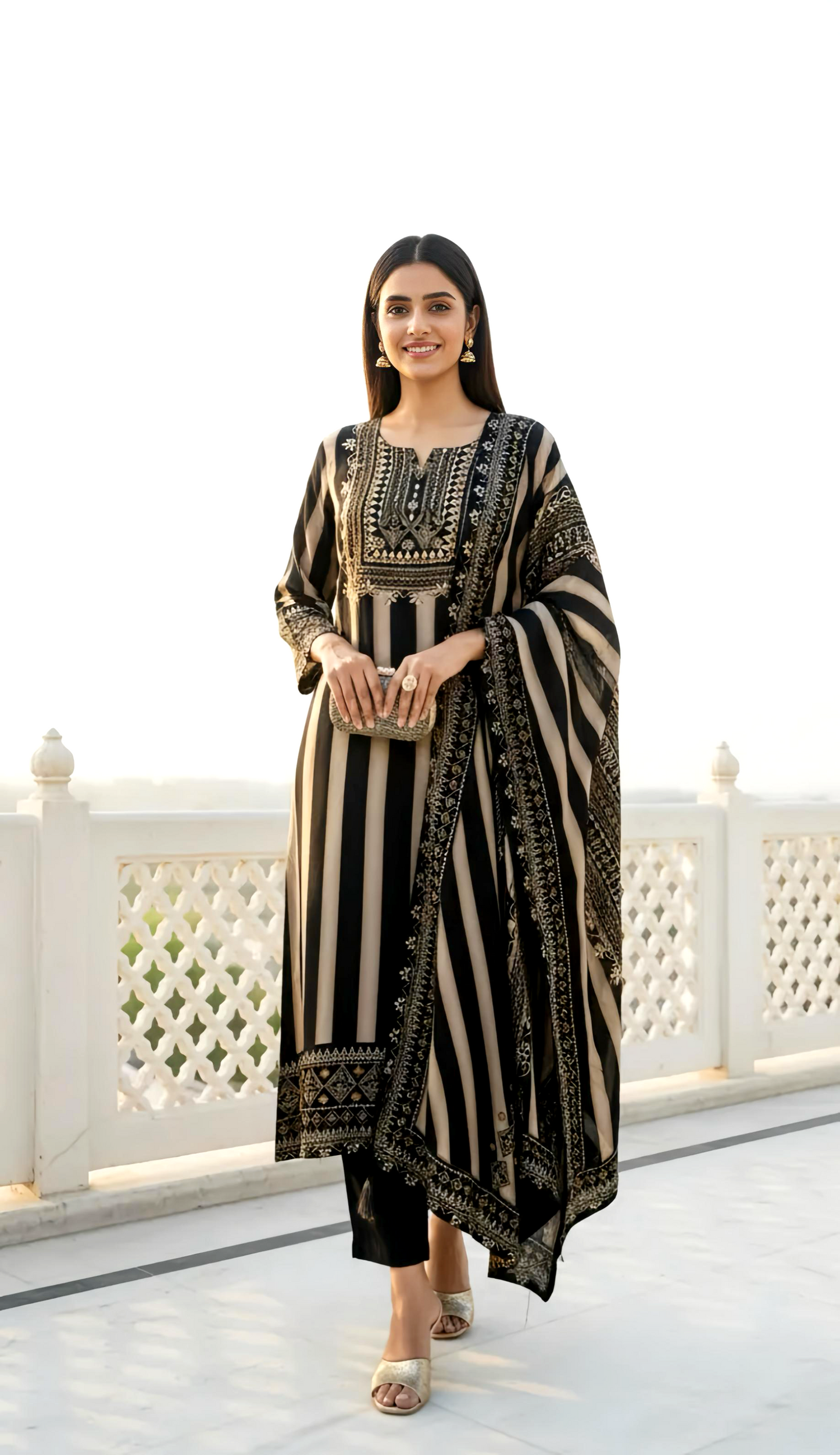 Pure Crepe Suit with Retro Stripes and Embroidery HOA0197