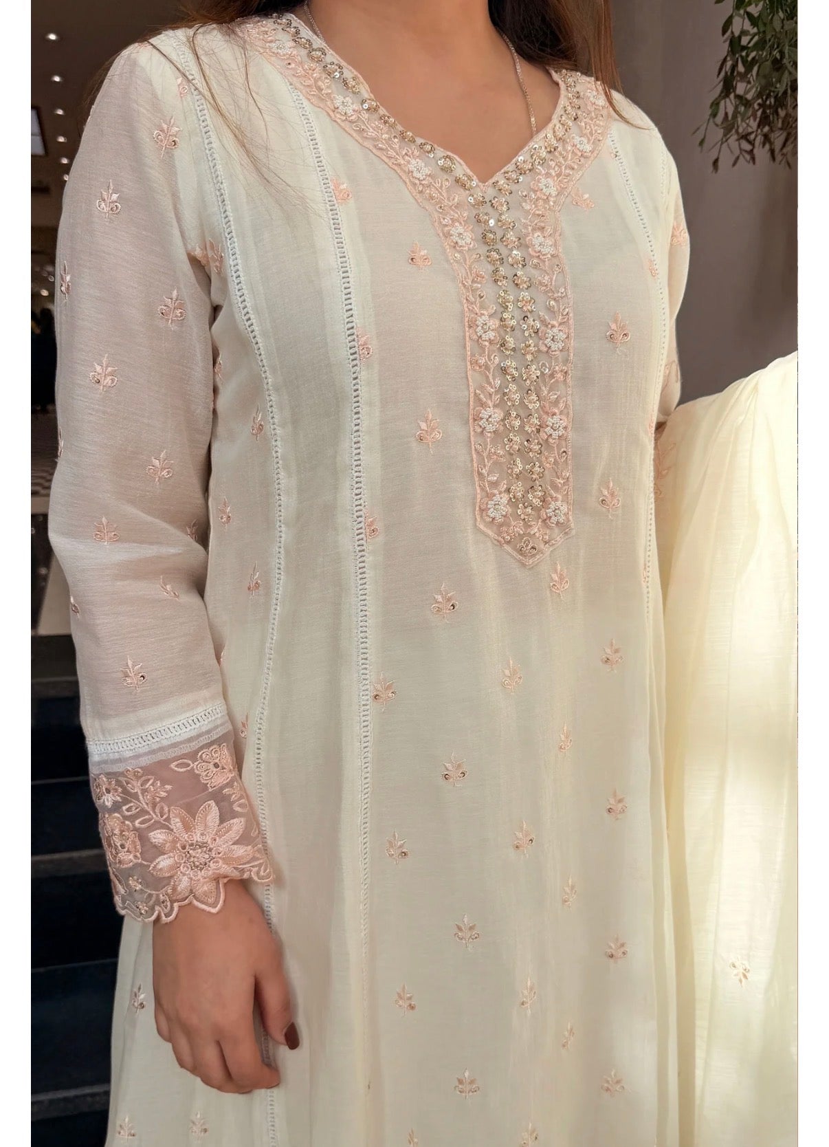 Mul  Pakistani Suit – Sky Blue & Off White | Hand Embroidery & Laces HOA0224