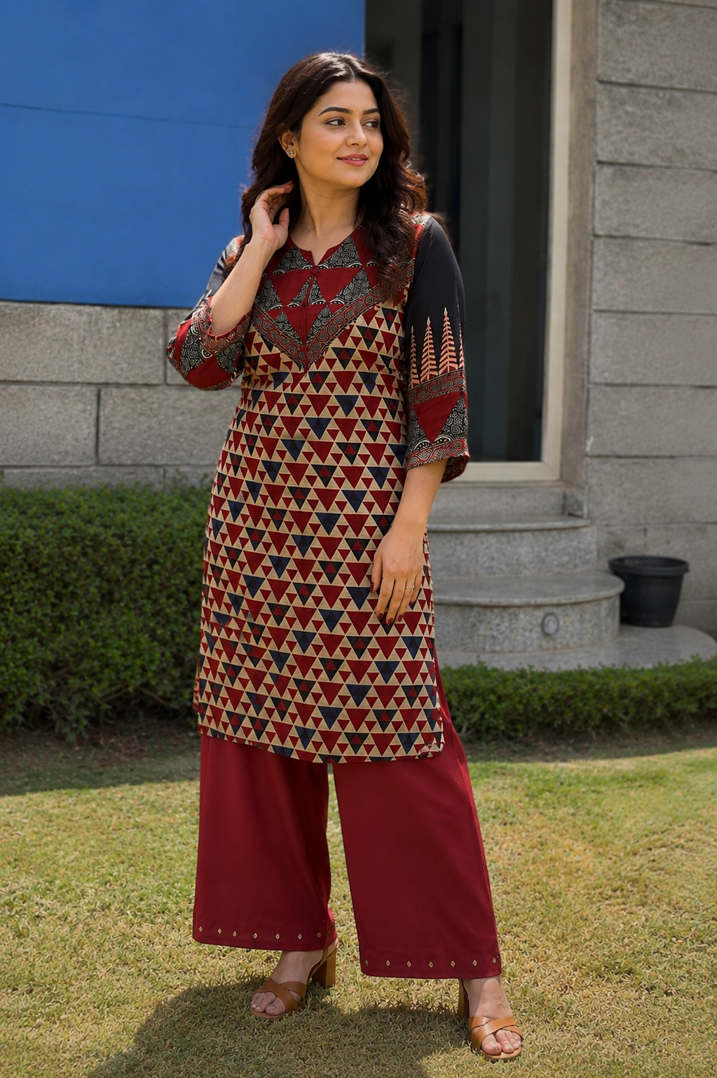 Crepe Kurta Pants – Ajrakh Print & Coin Tassels HOA223