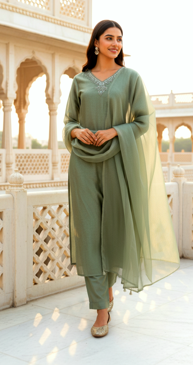 GREEN SHIMMER DUPATTA SET HOA0152