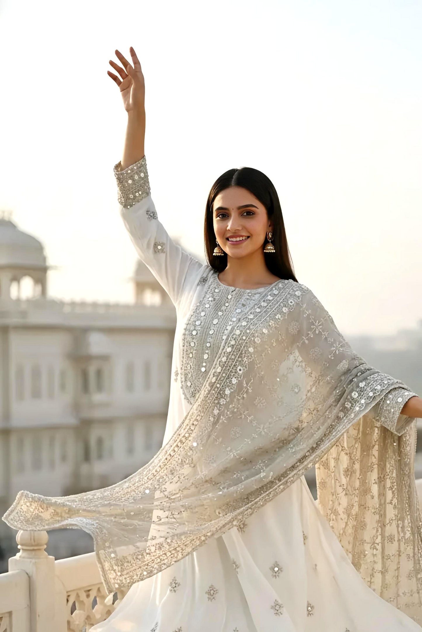 Off White Luxury Hand Embroidery Georgette Suit Set HOA0207