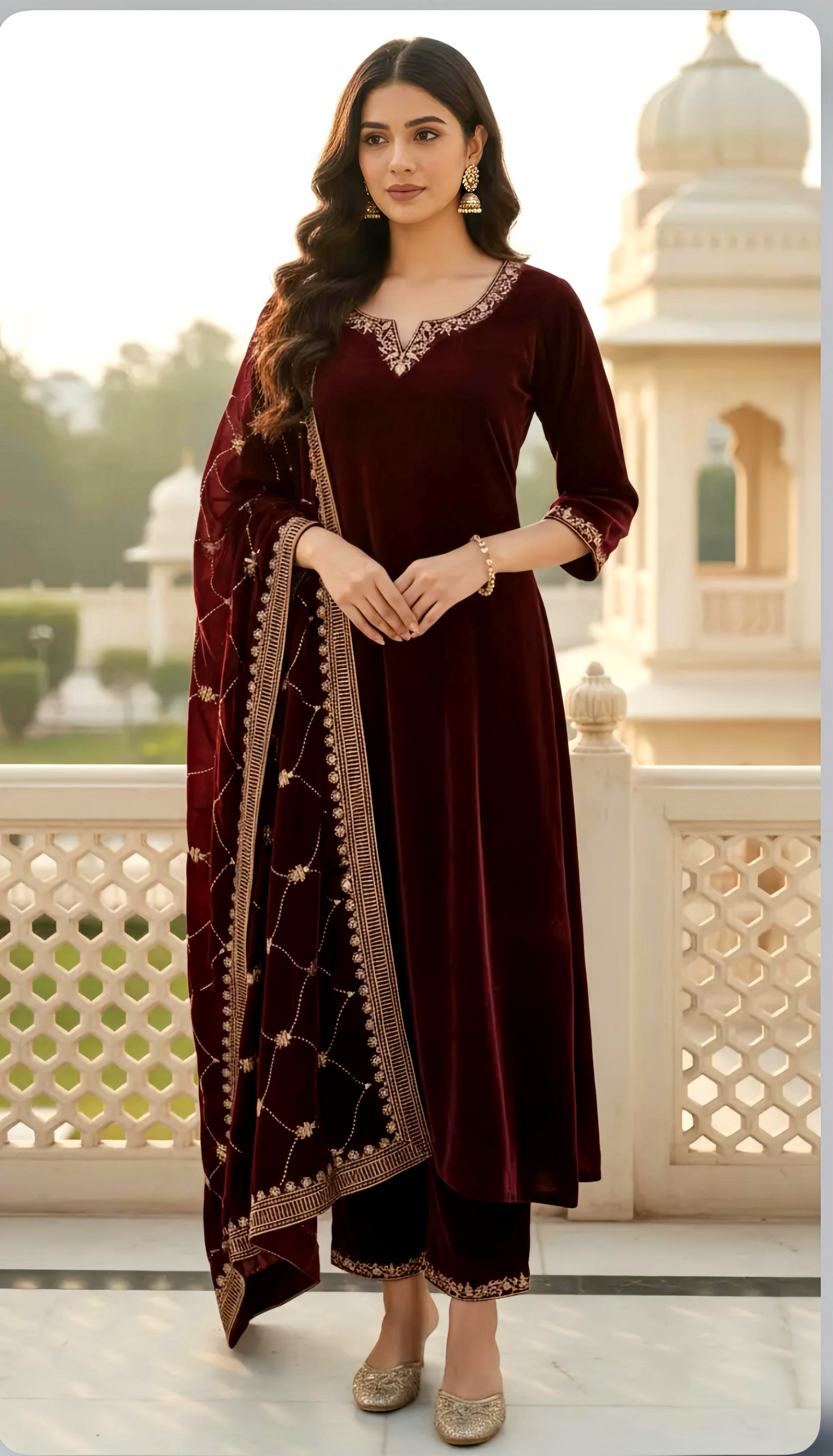 WINE A-LINE PREMIUM VELVET SHAWL SET HOA0192