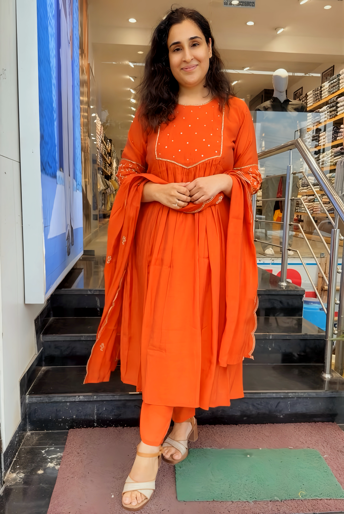 Mul Chanderi A-Line Suit – Hand Embroidered Sleeves HOA0222