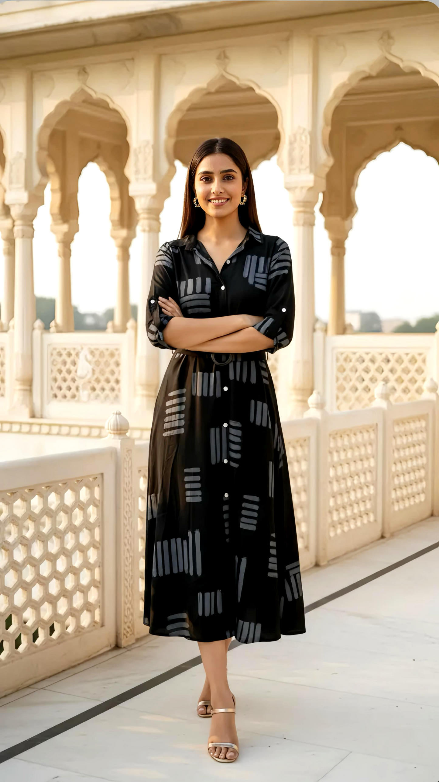 Frock with Strip Placement Print and Stylish Belt HOA0198