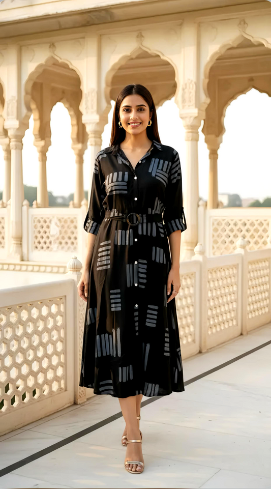 Frock with Strip Placement Print and Stylish Belt HOA0198