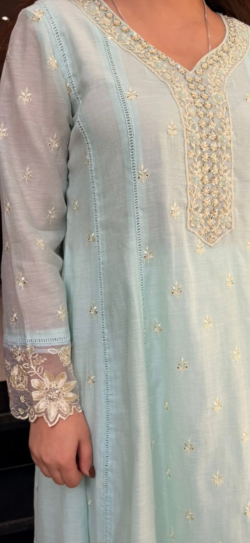 Mul  Pakistani Suit – Sky Blue & Off White | Hand Embroidery & Laces HOA0224