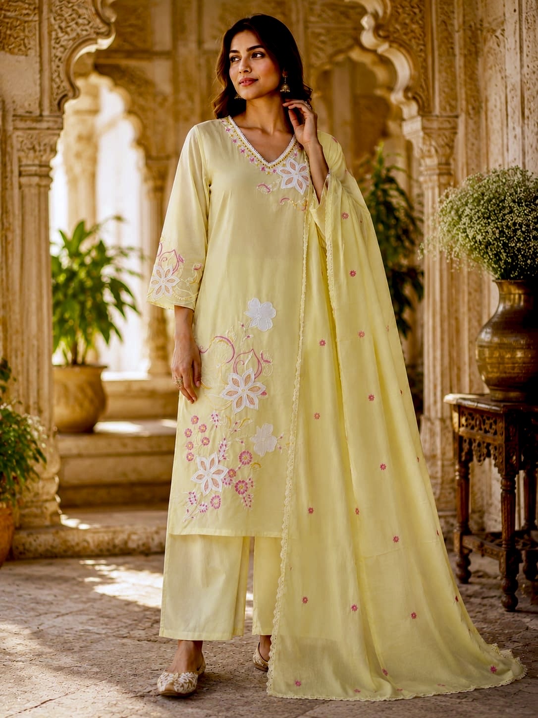 Butter Yellow Mul Cotton Suit – Applique Work Dupatta HOA0227