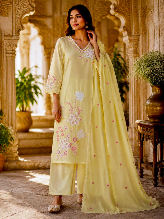 Butter Yellow Mul Cotton Suit – Applique Work Dupatta HOA0227
