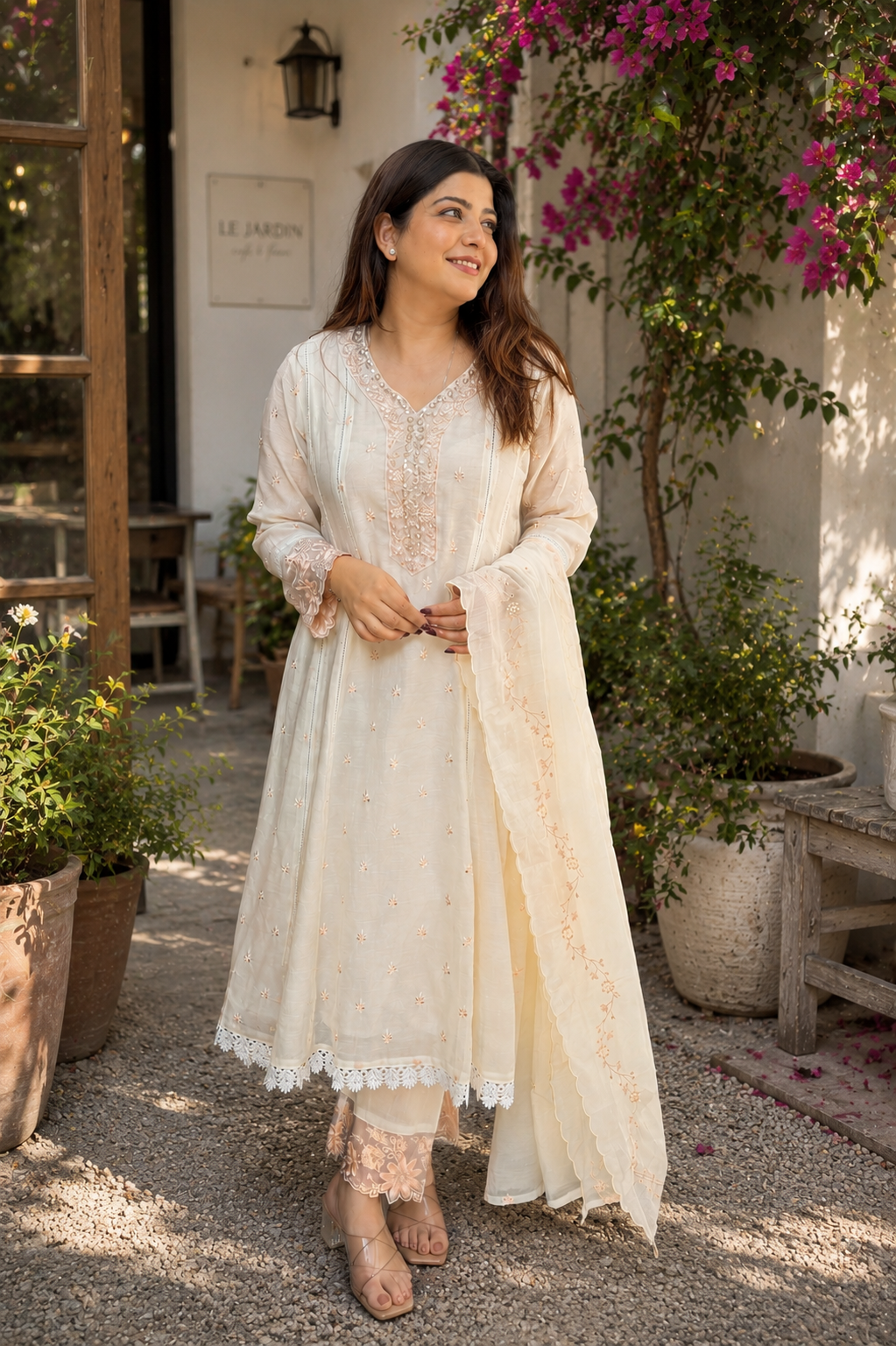 Mul  Pakistani Suit – Sky Blue & Off White | Hand Embroidery & Laces HOA0224