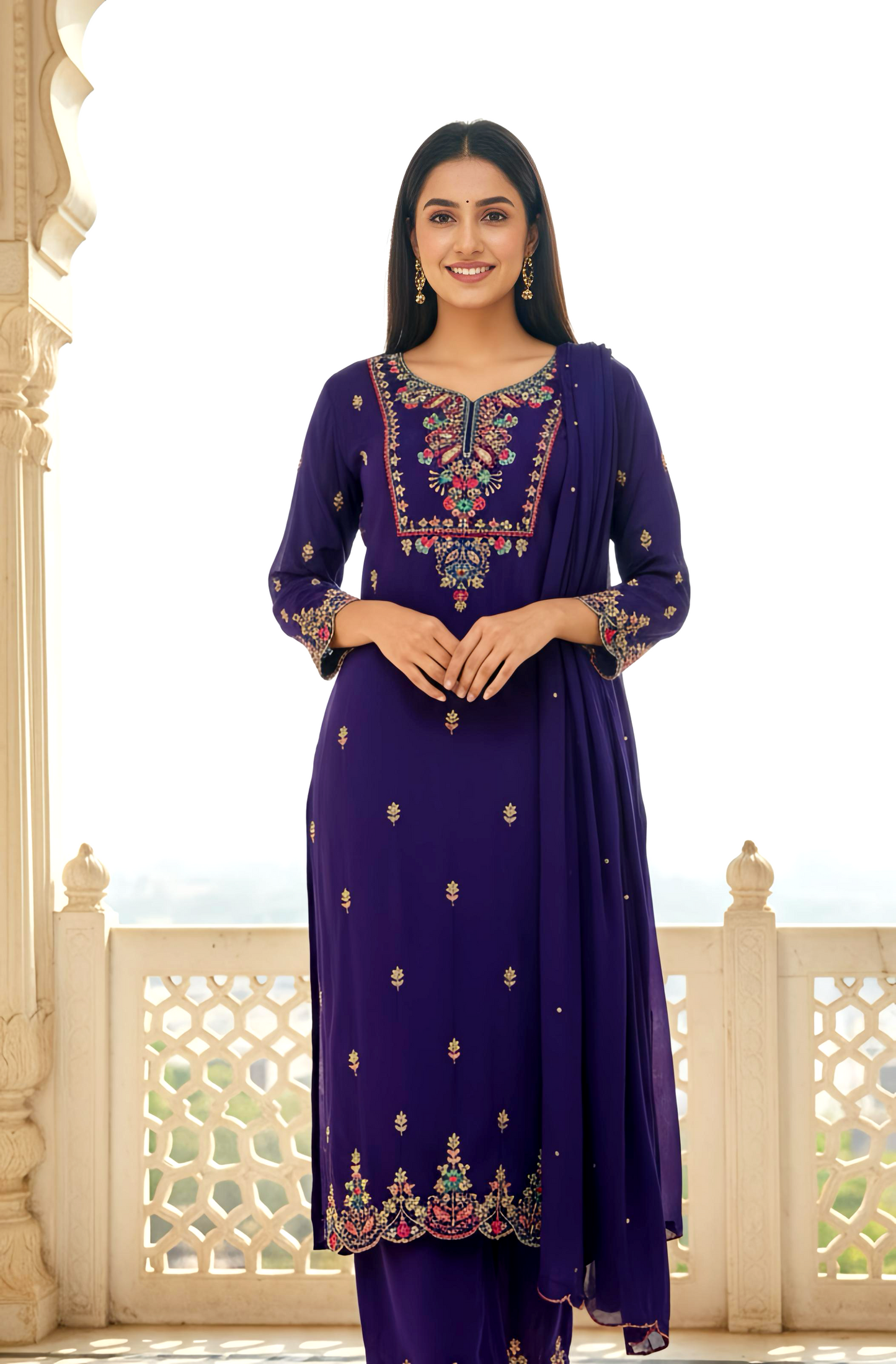 SUHAGAN ROYAL PURPLE SUIT WITH HAND EMB . HOA0114