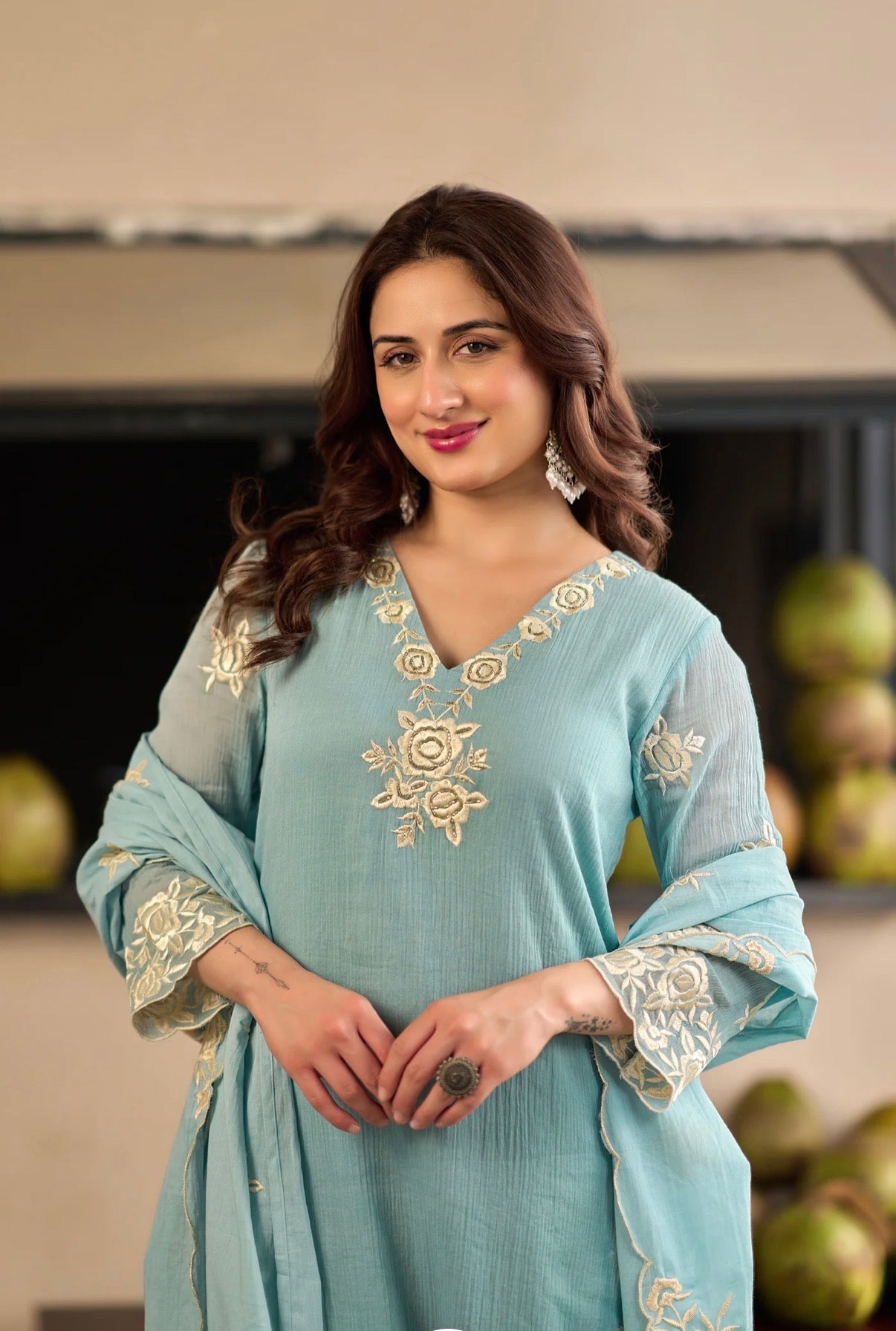 Soft Crinkle Suit – Ice Blue & Butter YellowHOA0228