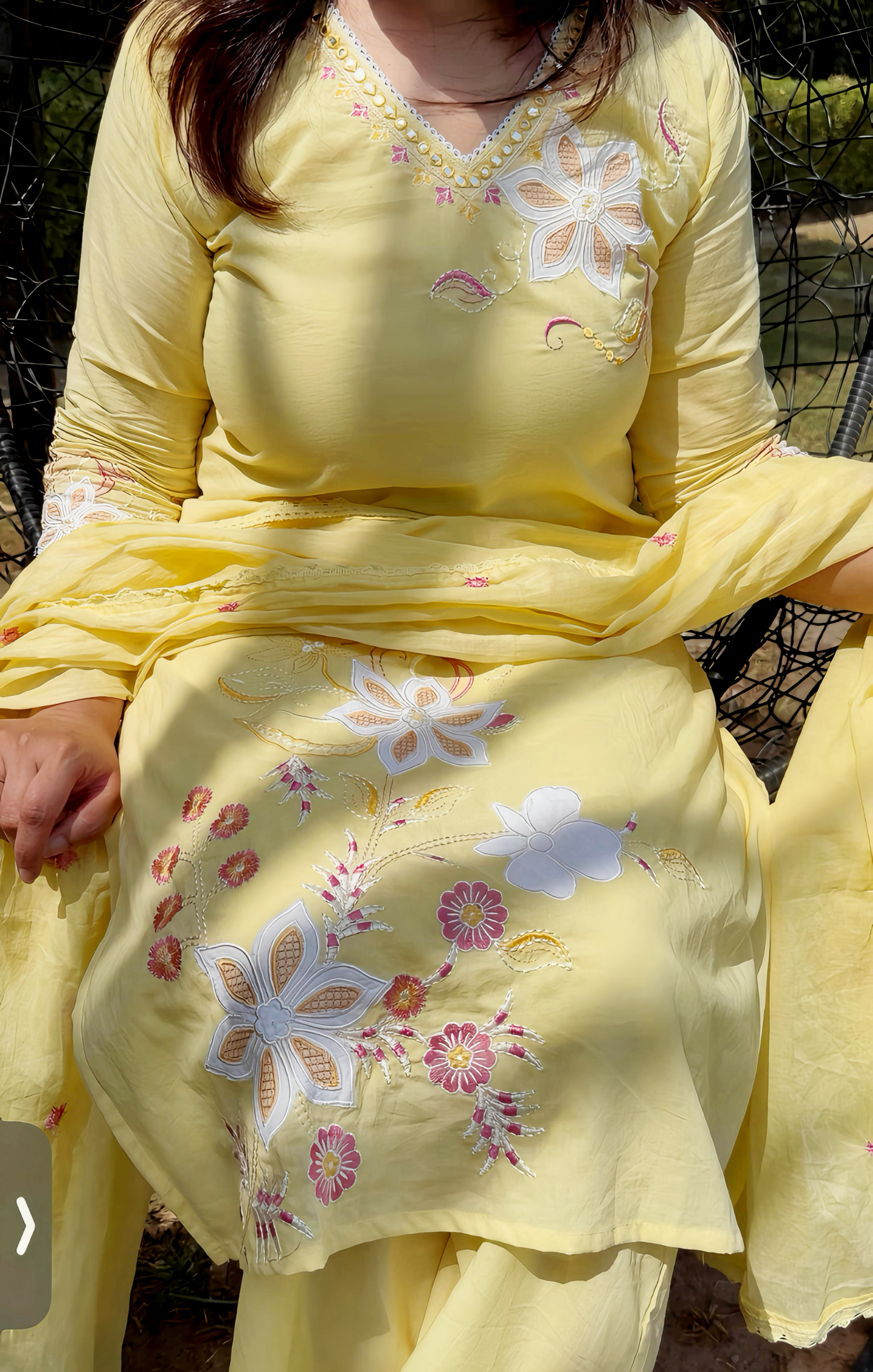Butter Yellow Mul Cotton Suit – Applique Work Dupatta HOA0227