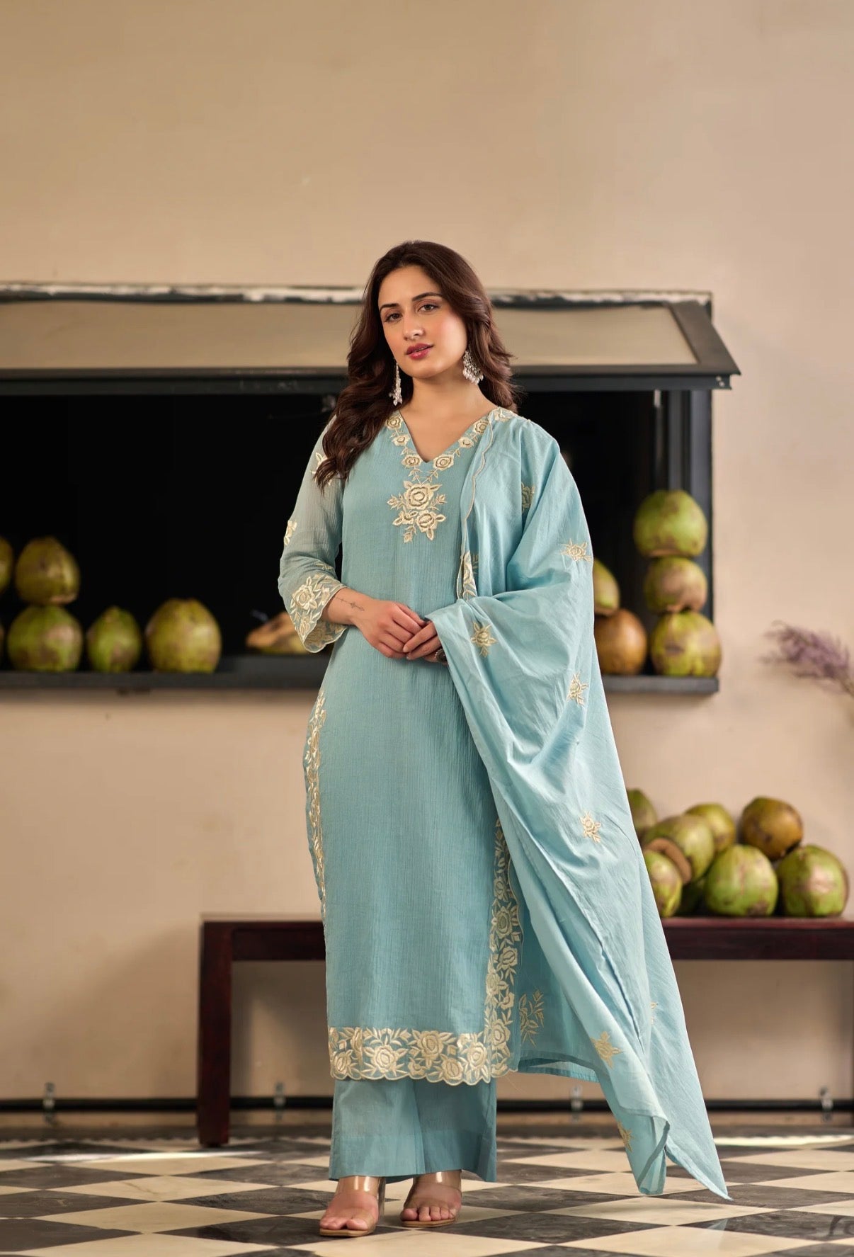 Soft Crinkle Suit – Ice Blue & Butter YellowHOA0228