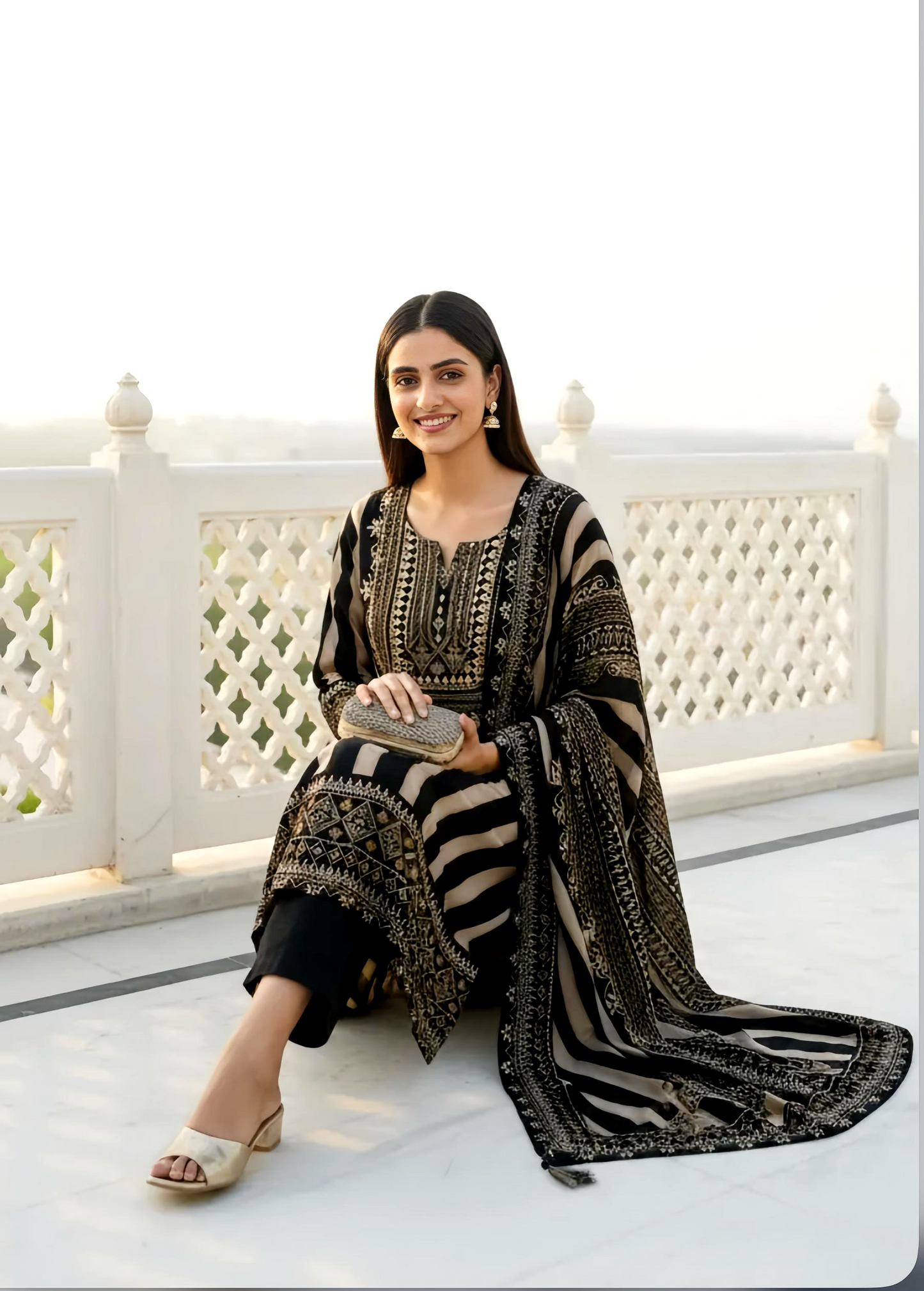 Pure Crepe Suit with Retro Stripes and Embroidery HOA0197