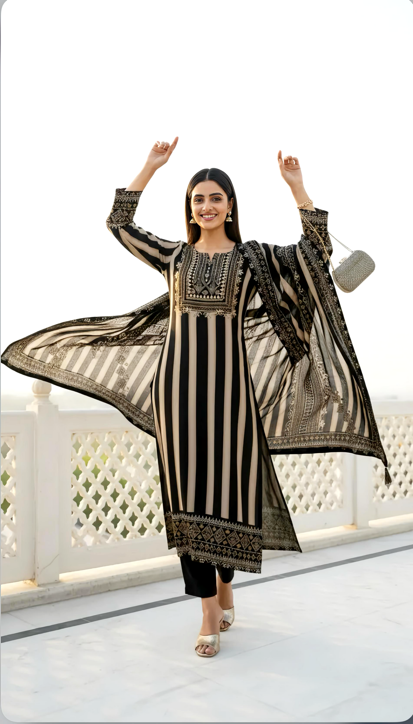 Pure Crepe Suit with Retro Stripes and Embroidery HOA0197