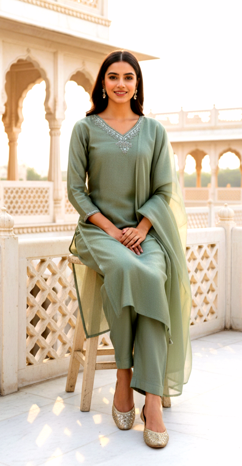 GREEN SHIMMER DUPATTA SET HOA0152