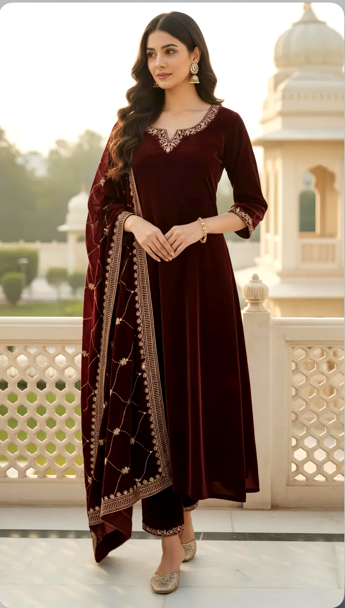 WINE A-LINE PREMIUM VELVET SHAWL SET HOA0192