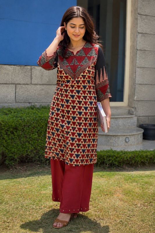 Crepe Kurta Pants – Ajrakh Print & Coin Tassels HOA223