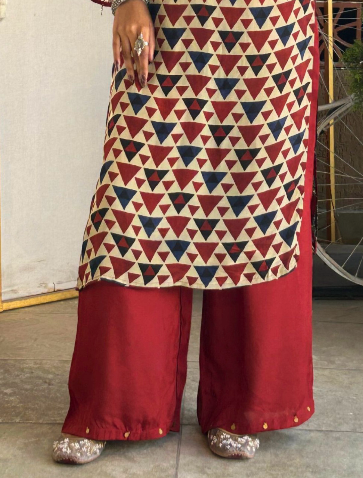 Crepe Kurta Pants – Ajrakh Print & Coin Tassels HOA223