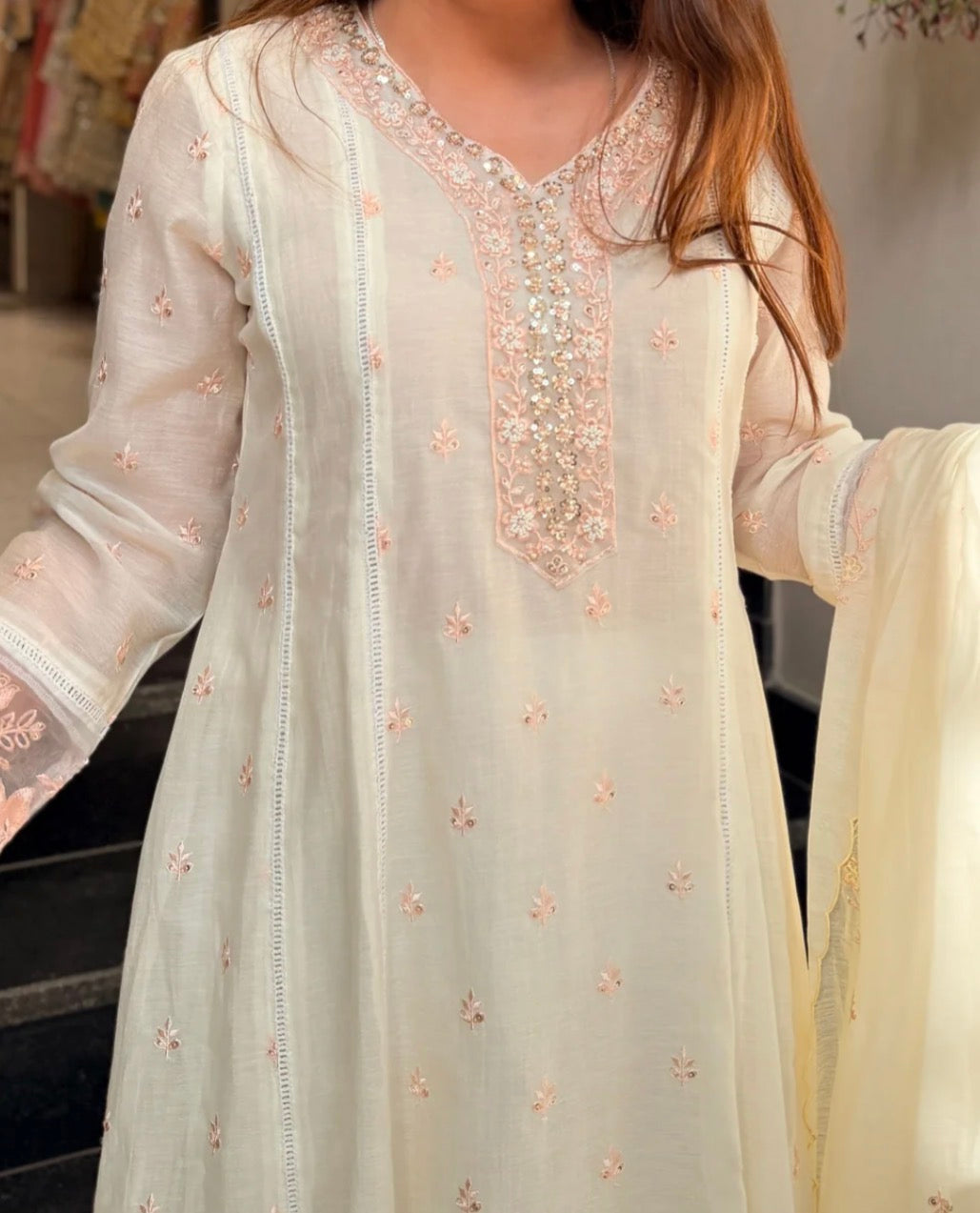 Mul  Pakistani Suit – Sky Blue & Off White | Hand Embroidery & Laces HOA0224