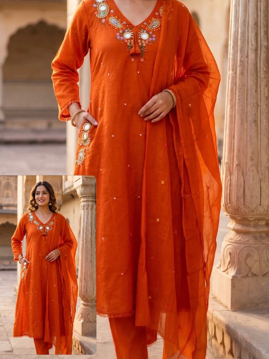 Mul Cotton Dupatta Set – Rust HOA213