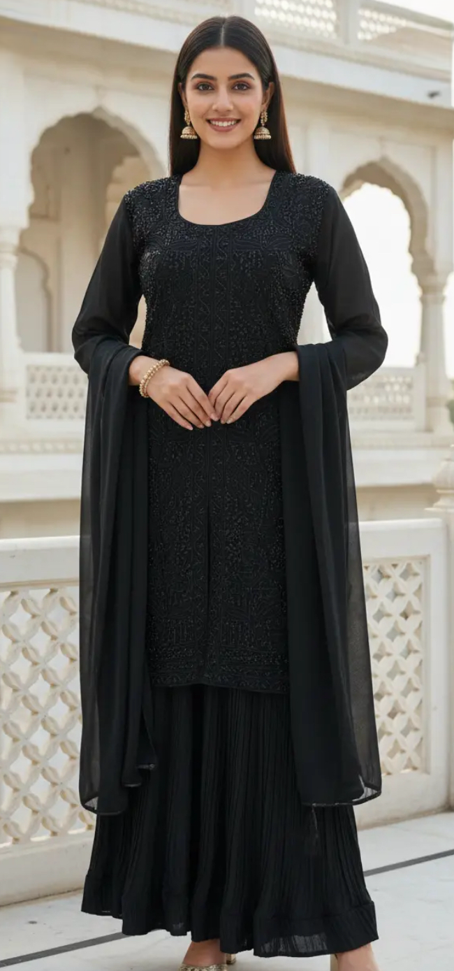 BLACK SKIRT SILK PLEATED SKIRT SET HOA0187