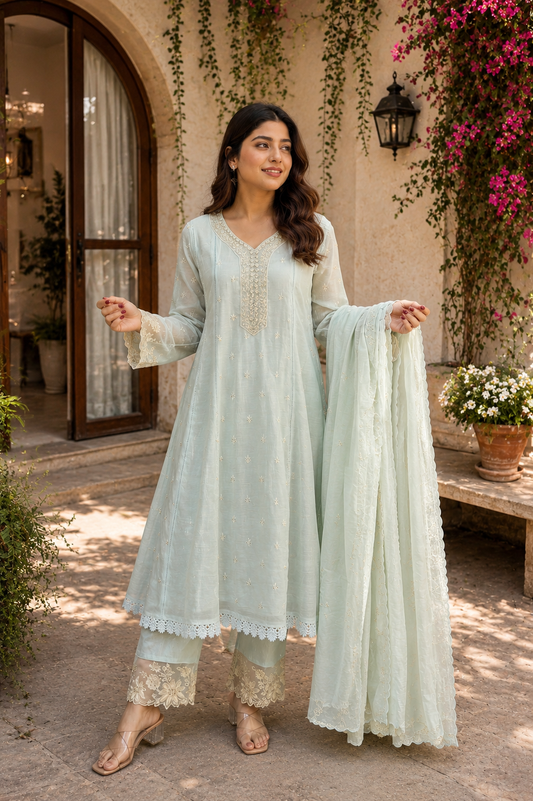 Mul  Pakistani Suit – Sky Blue & Off White | Hand Embroidery & Laces HOA0224