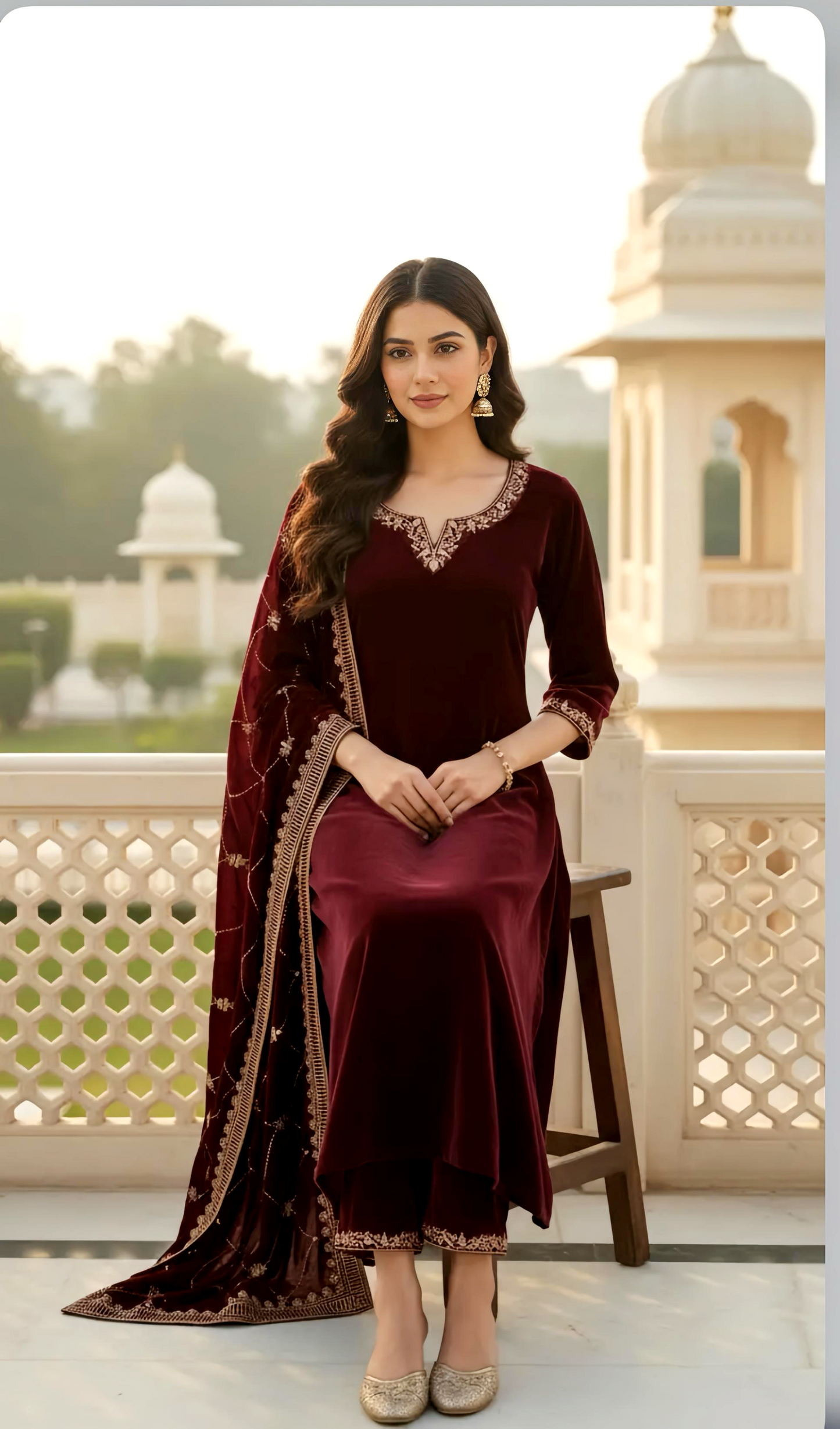 WINE A-LINE PREMIUM VELVET SHAWL SET HOA0192