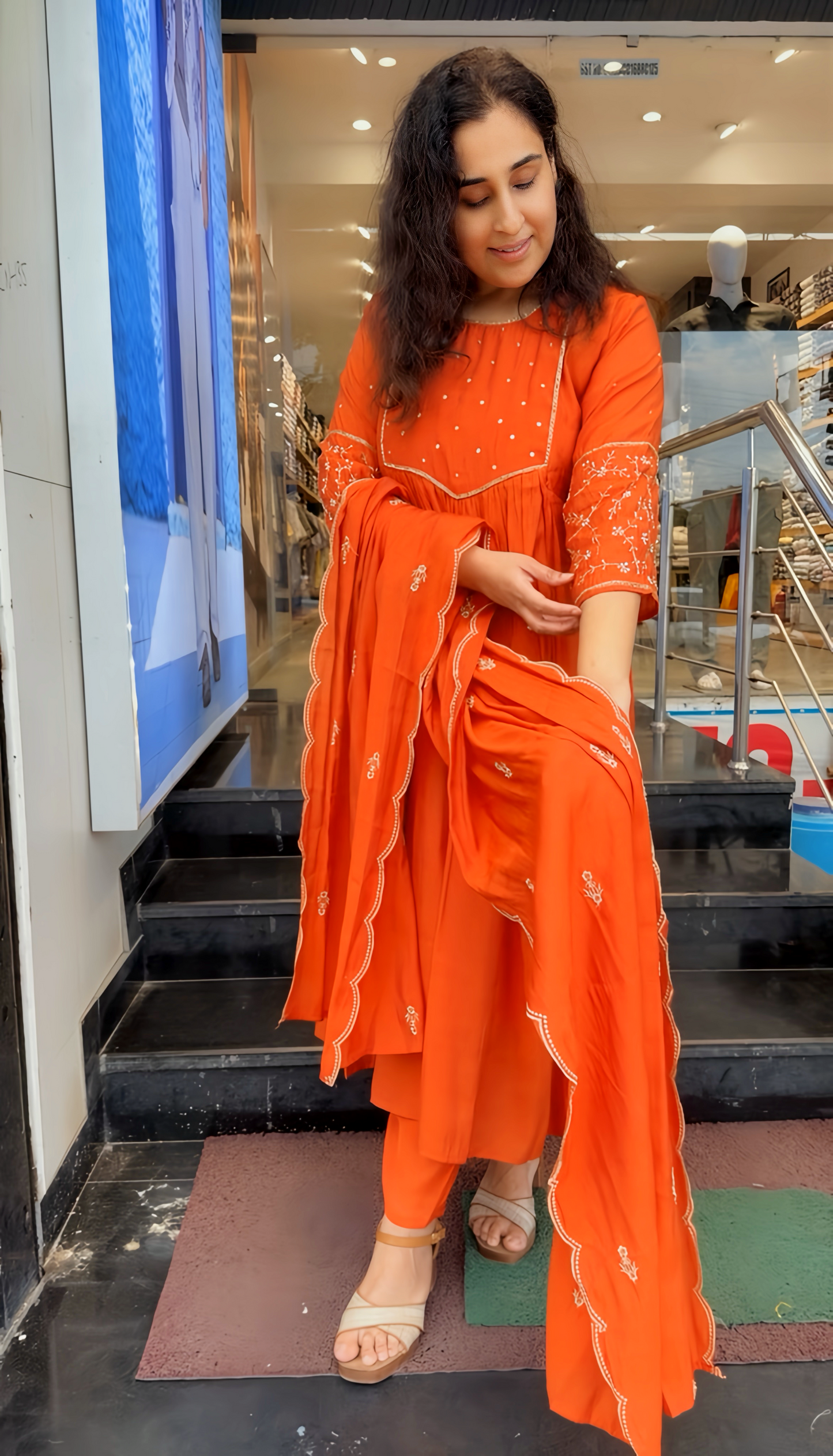 Mul Chanderi A-Line Suit – Hand Embroidered Sleeves HOA0222
