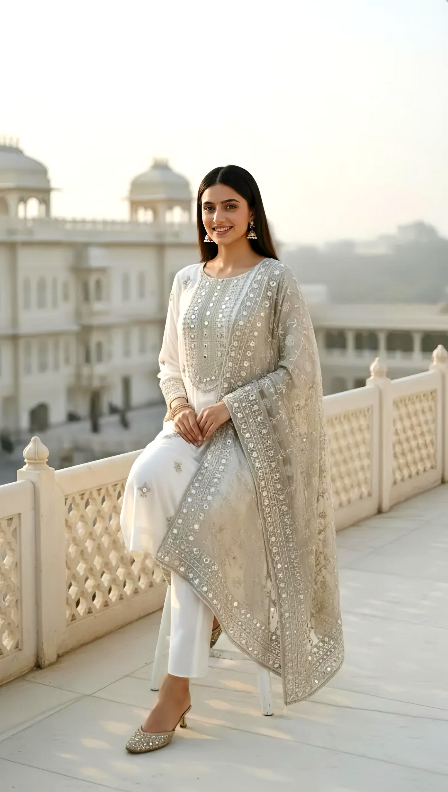 Off White Luxury Hand Embroidery Georgette Suit Set HOA0207
