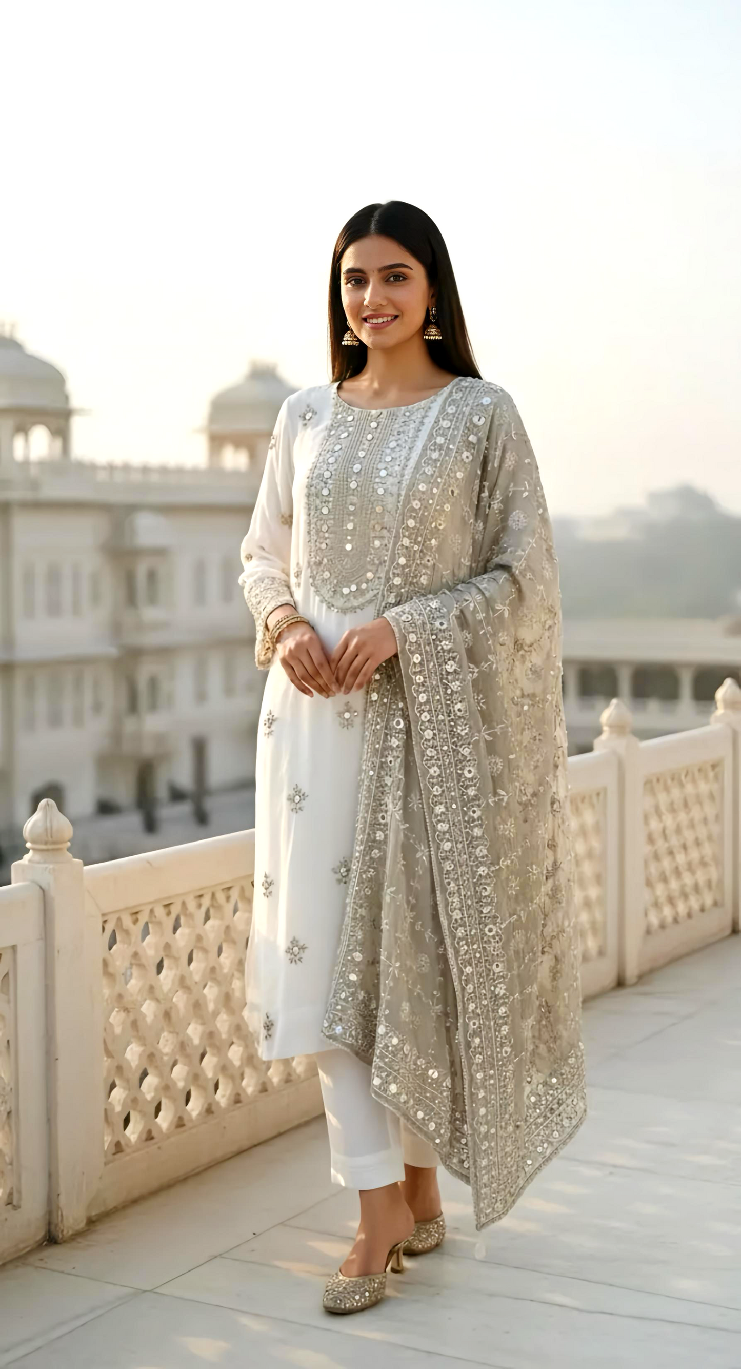 Off White Luxury Hand Embroidery Georgette Suit Set HOA0207