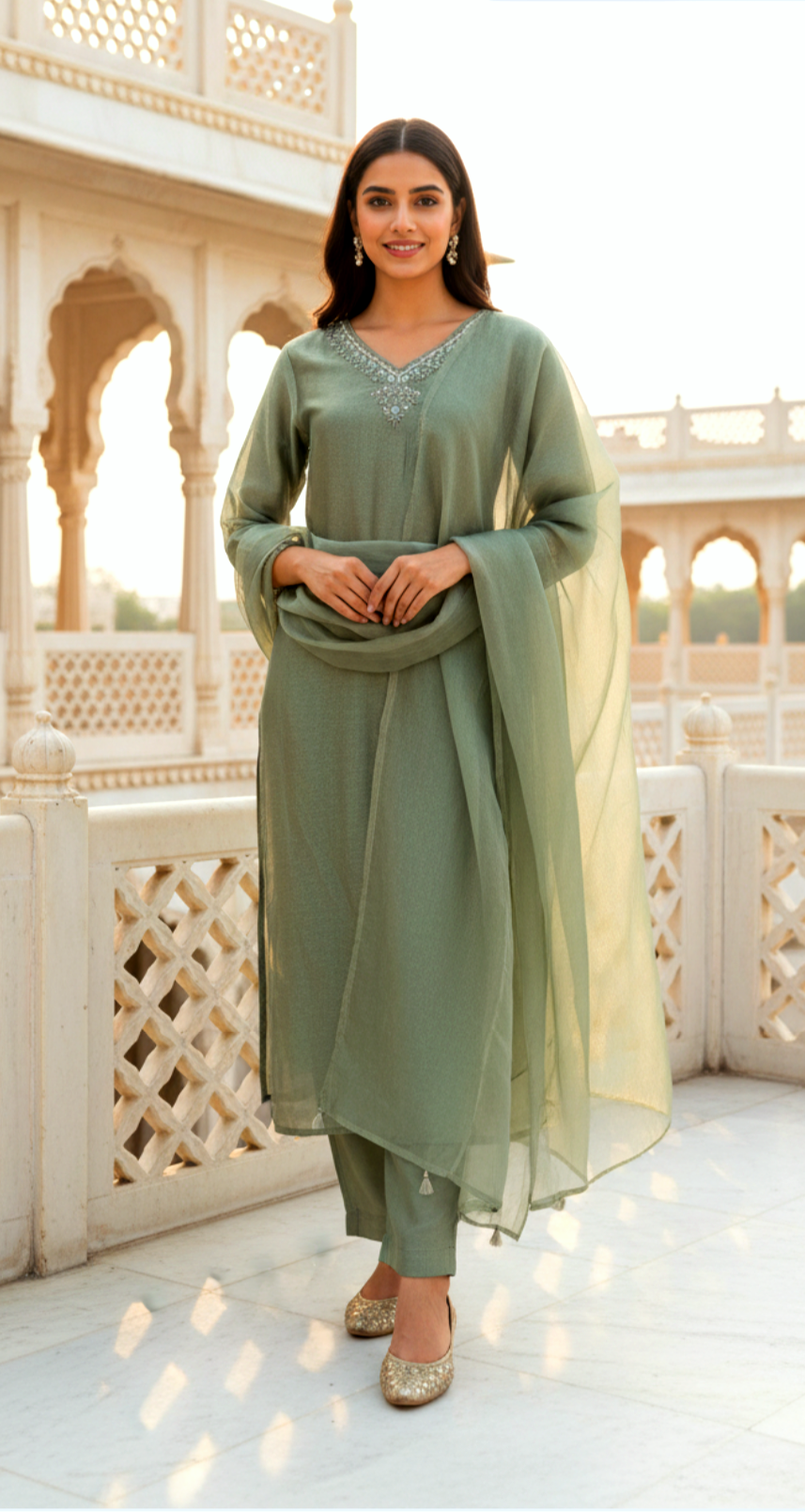 GREEN SHIMMER DUPATTA SET HOA0152