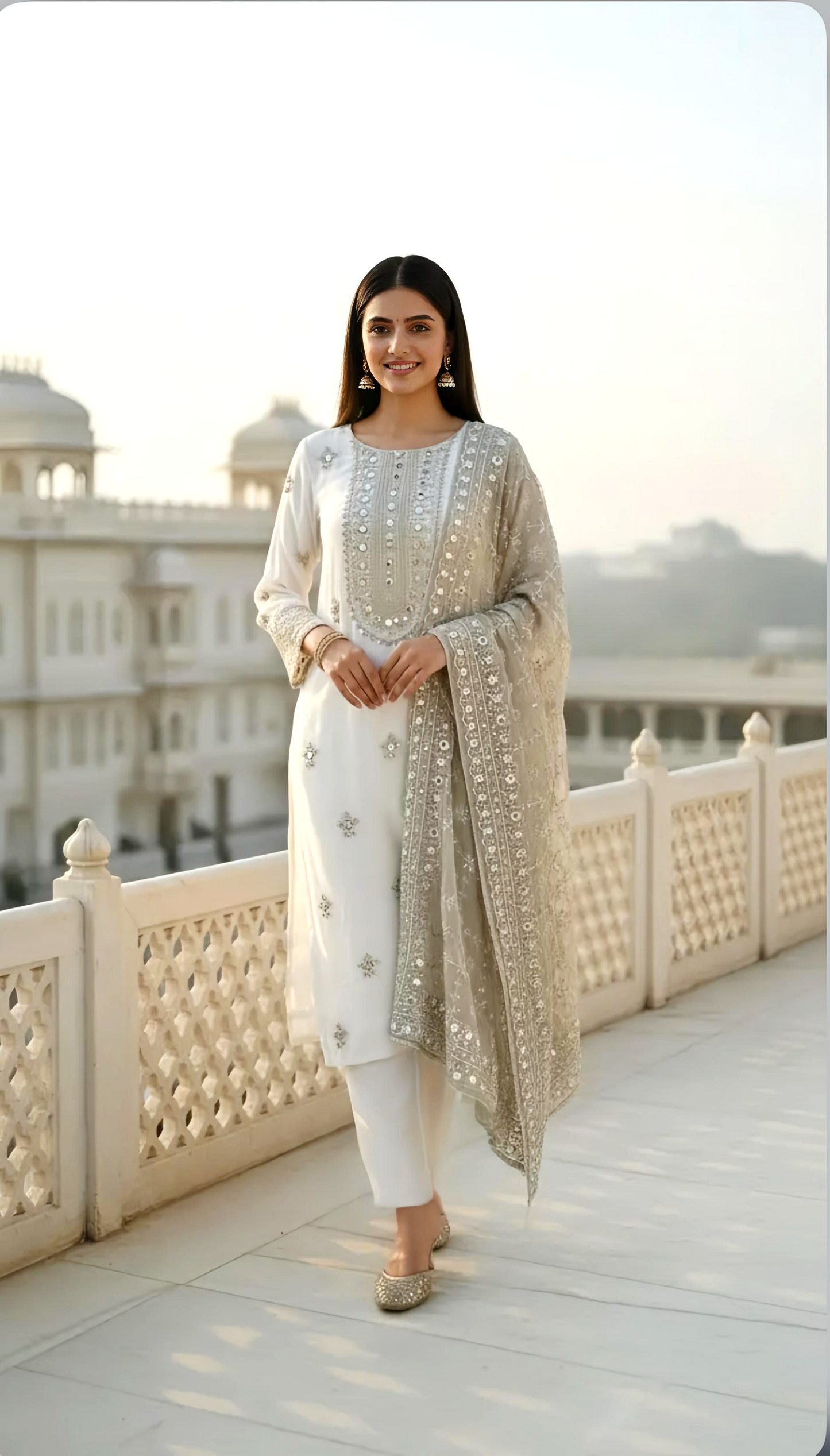 Off White Luxury Hand Embroidery Georgette Suit Set HOA0207