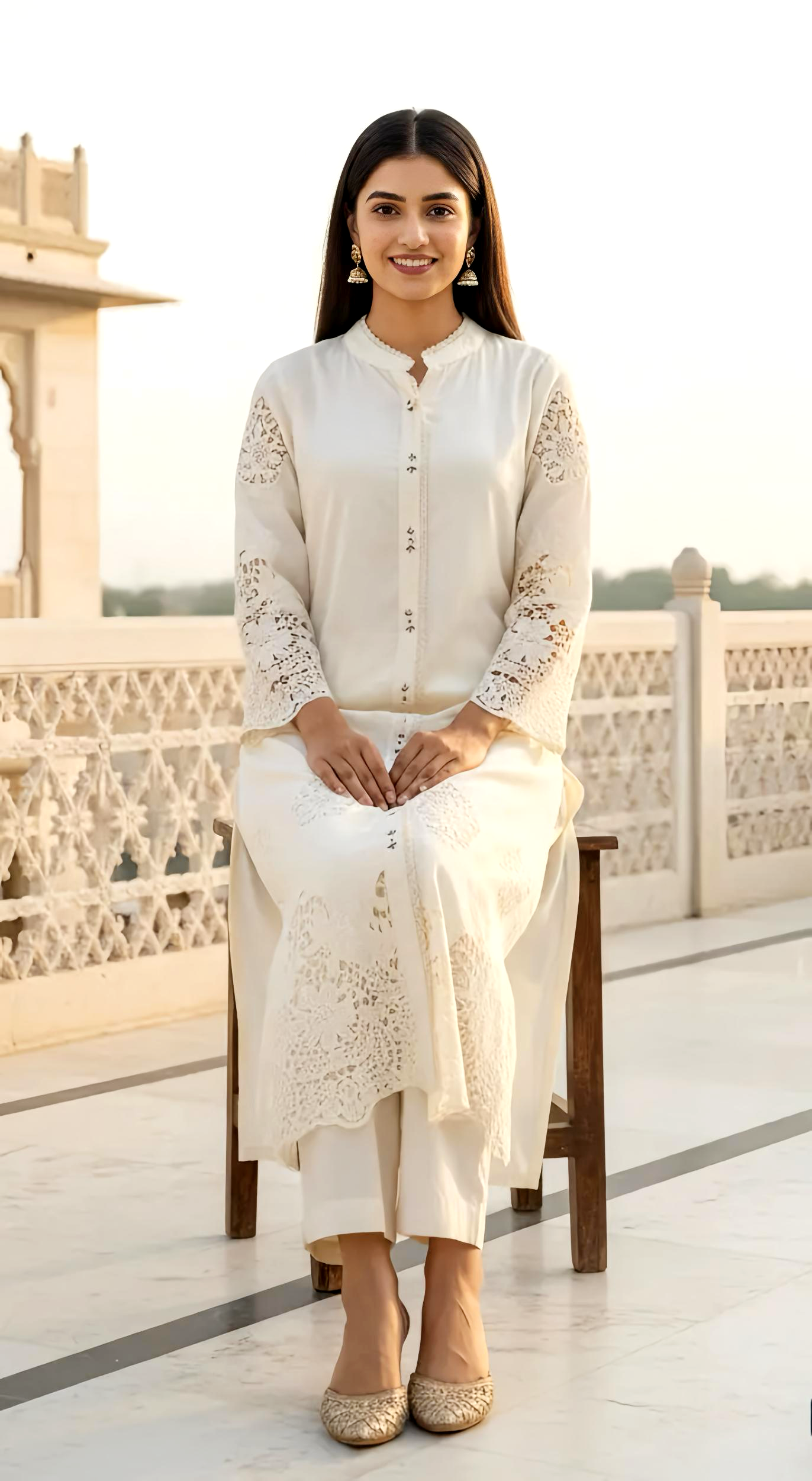 LUXURY WHITE EMBROIDERY KURTA PANTS HOA0160