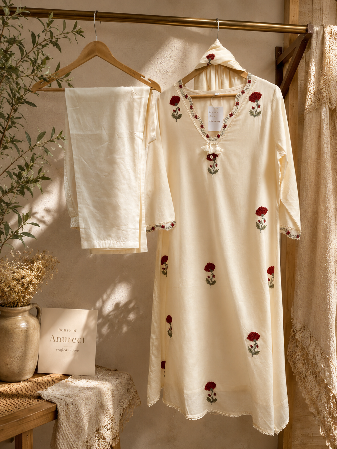 Mul Cotton A-Line Suit – Embroidery, Lace Work & Lining HOA0230