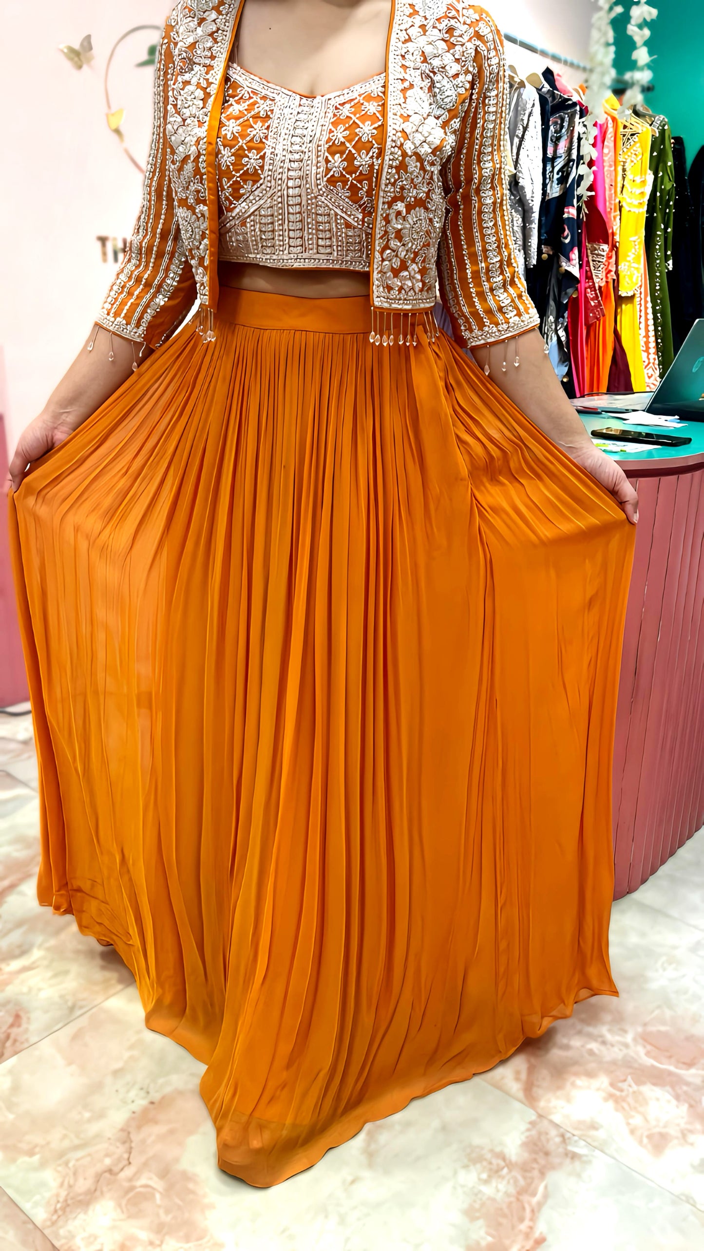 SAFFRON INDOWESTERN OUTFIT WITH HAND EMB. HOA110