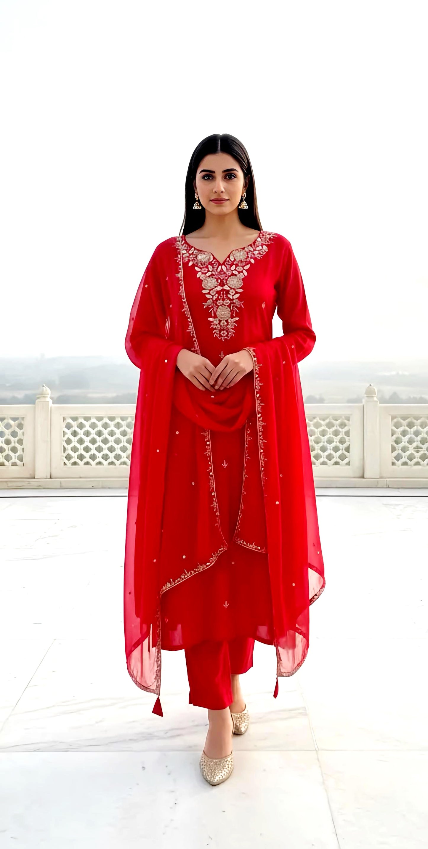 SANJANA BEAUTIFULL RED SILK SUIT HOA0126