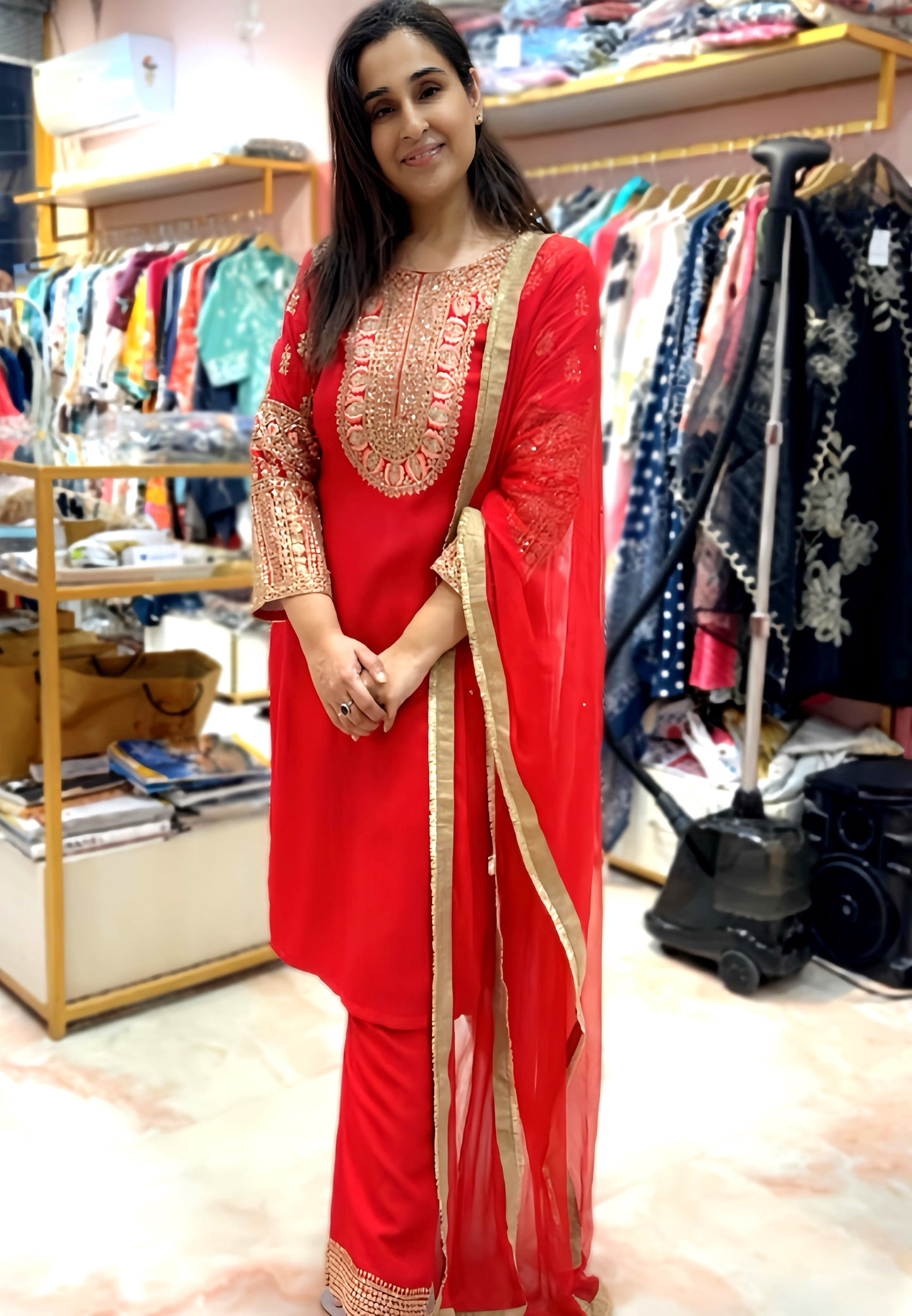 MAHIMA RED PARTYWEAR SUIT WITH HAND EMBROIDERY HOA0109