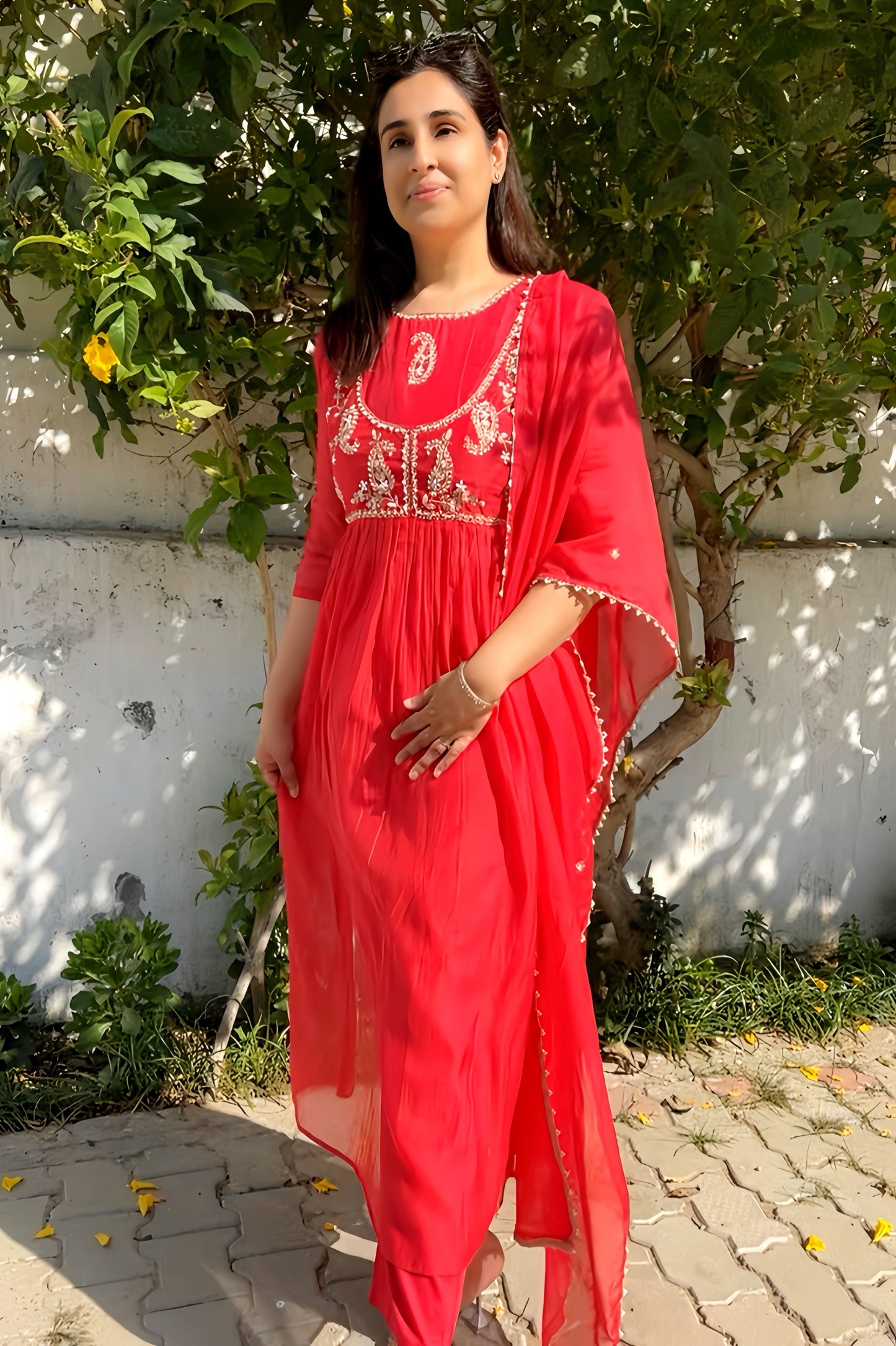 PRIYANSHI CHERRY RED HAND EMB. PEARL SUIT HOA0111